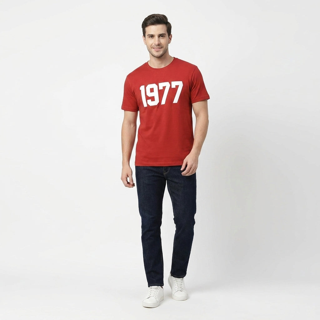 Men's Casual Graphic Tee by ESSENTIALS | 1977 Vintage Style | Relaxed Fit T-Shirt | Bold Red Color | Comfortable Cotton Fabric