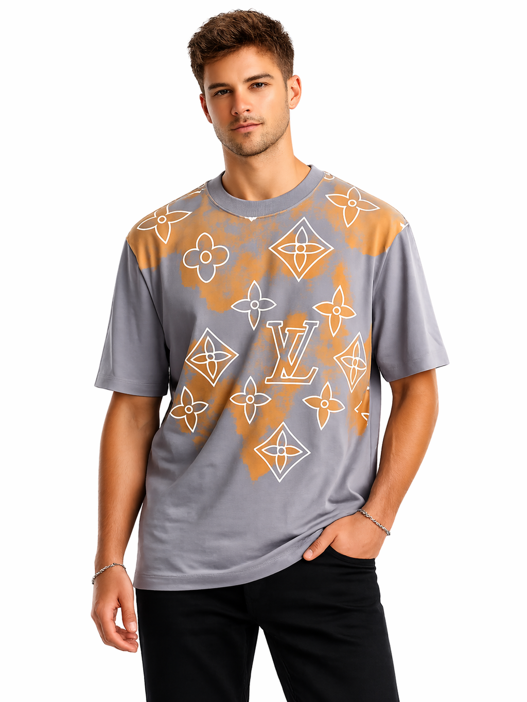 Men  Louis Vuitton  Artistic Graphic Tee  Casual Fit  T-Shirt  Gray - Elevate Your Wardrobe with Luxurious Comfort and Unique Design
