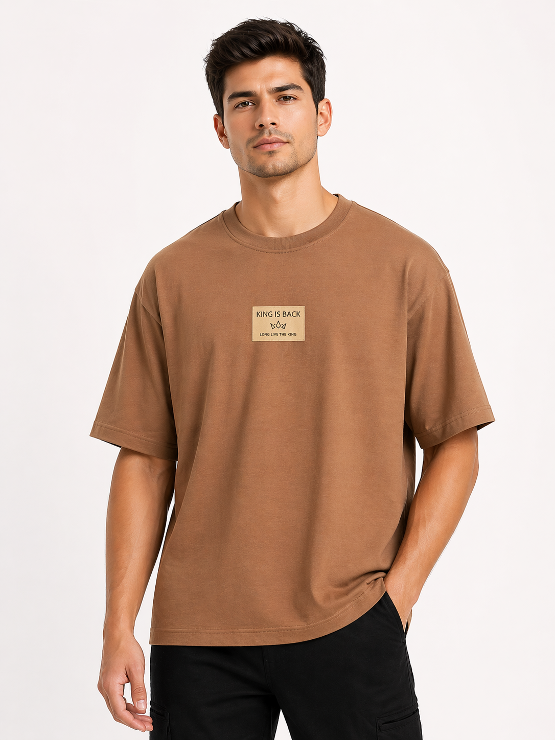 Men's Smart Casual Attire  King Is Back  Brown Graphic Tee  Relaxed Fit  Stylish T-Shirt for Everyday Wear  Comfort & Expression