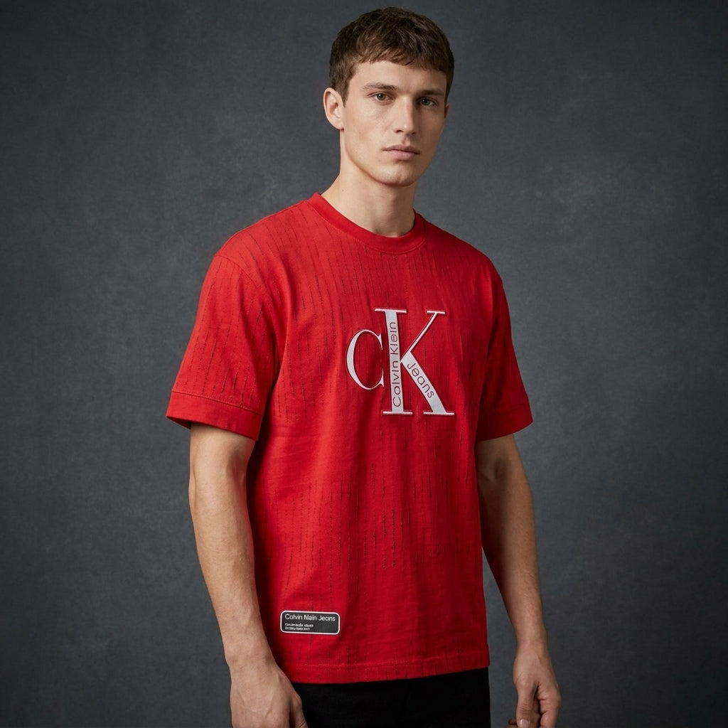 Men  Calvin Klein  Red Graphic Tee  Relaxed Fit  Casual Wear  Vibrant Red - Elevate Your Smart Casual Menswear Style