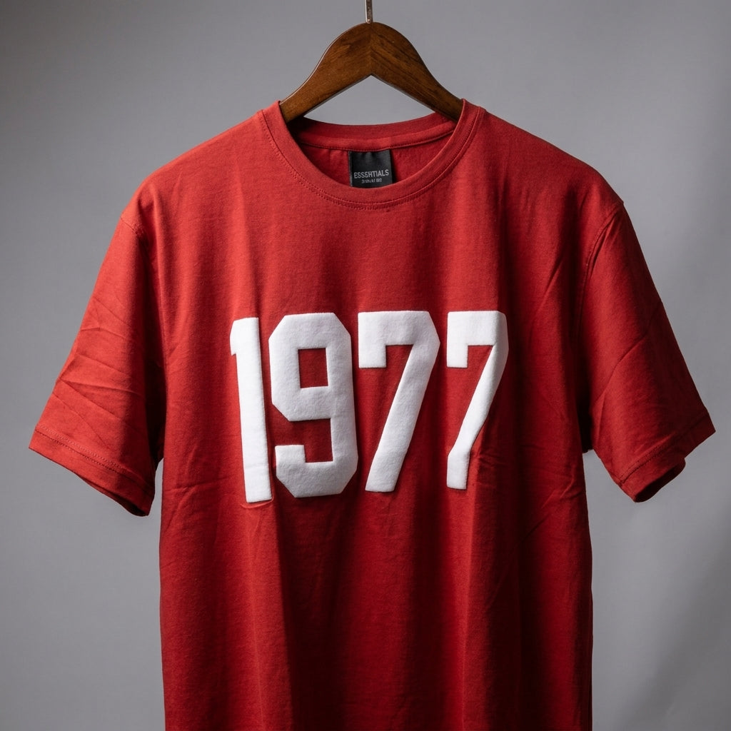 Men's Casual Graphic Tee by ESSENTIALS | 1977 Vintage Style | Relaxed Fit T-Shirt | Bold Red Color | Comfortable Cotton Fabric
