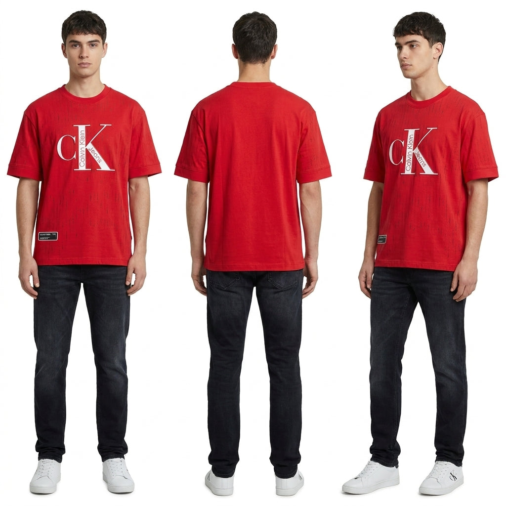 Men  Calvin Klein  Red Graphic Tee  Relaxed Fit  Casual Wear  Vibrant Red - Elevate Your Smart Casual Menswear Style